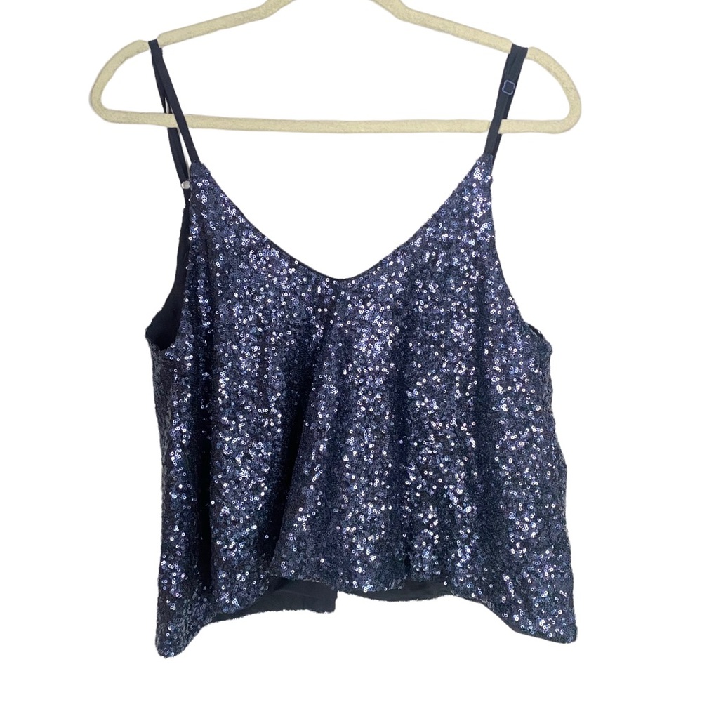 Tobi Women’s Sz S Sequined Navy Crop Top Party Tank Plunging V-Neck Loose Fit